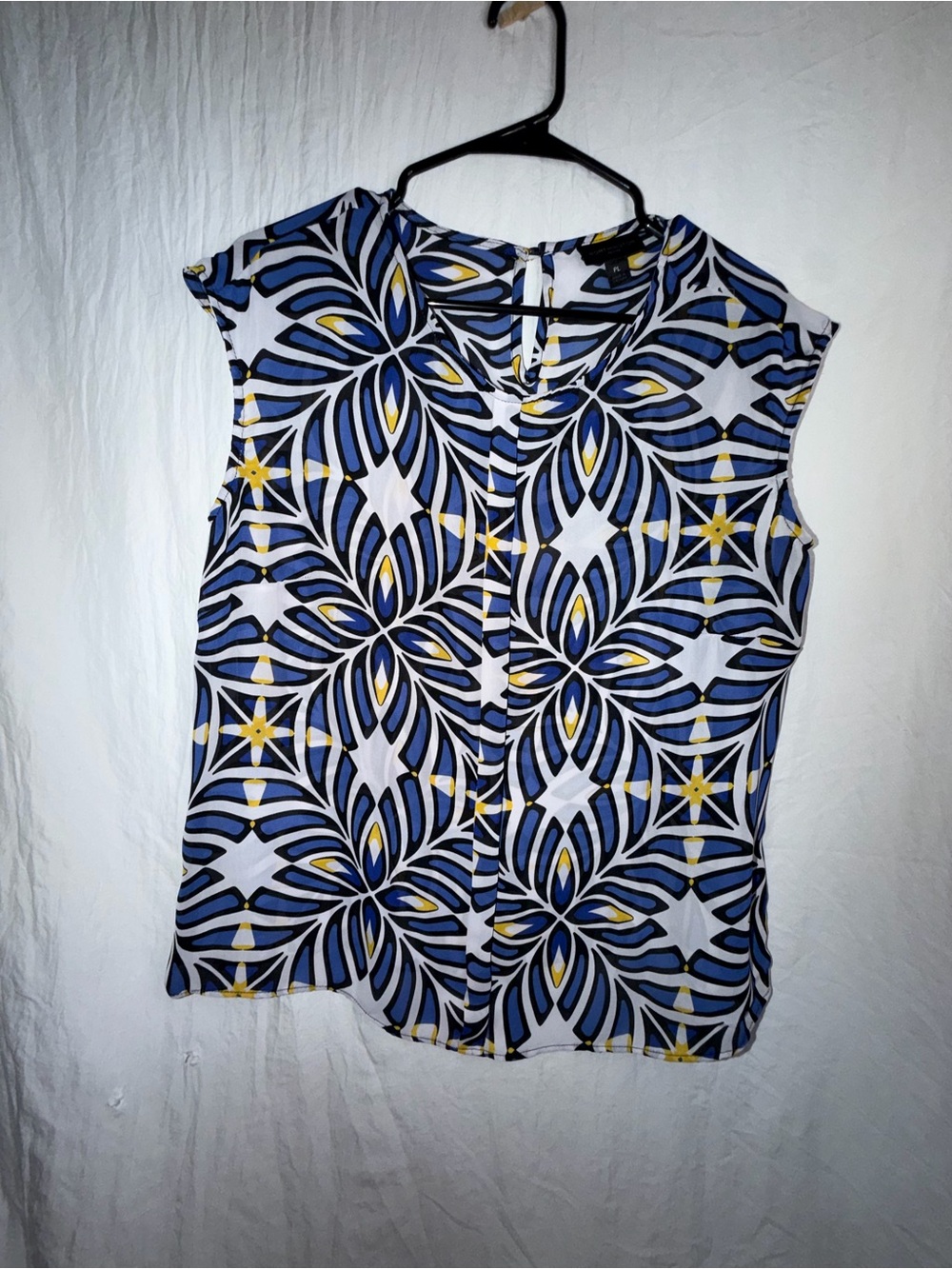 Worthington Petite Blue & Yellow Geometric Petal Print Cap Sleeve Blouse PL